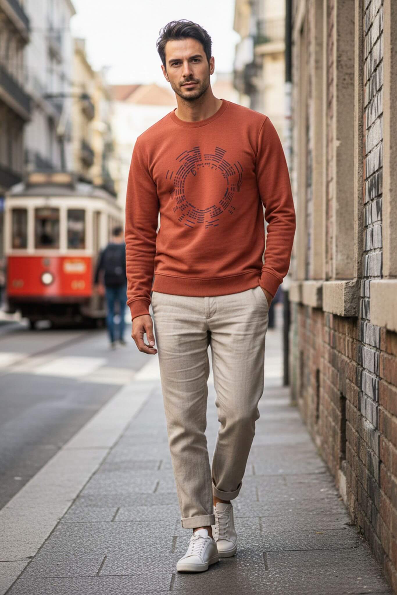 Men's Rust Patterned Cotton Crew Neck Sweatshirt - SUITHARBOR