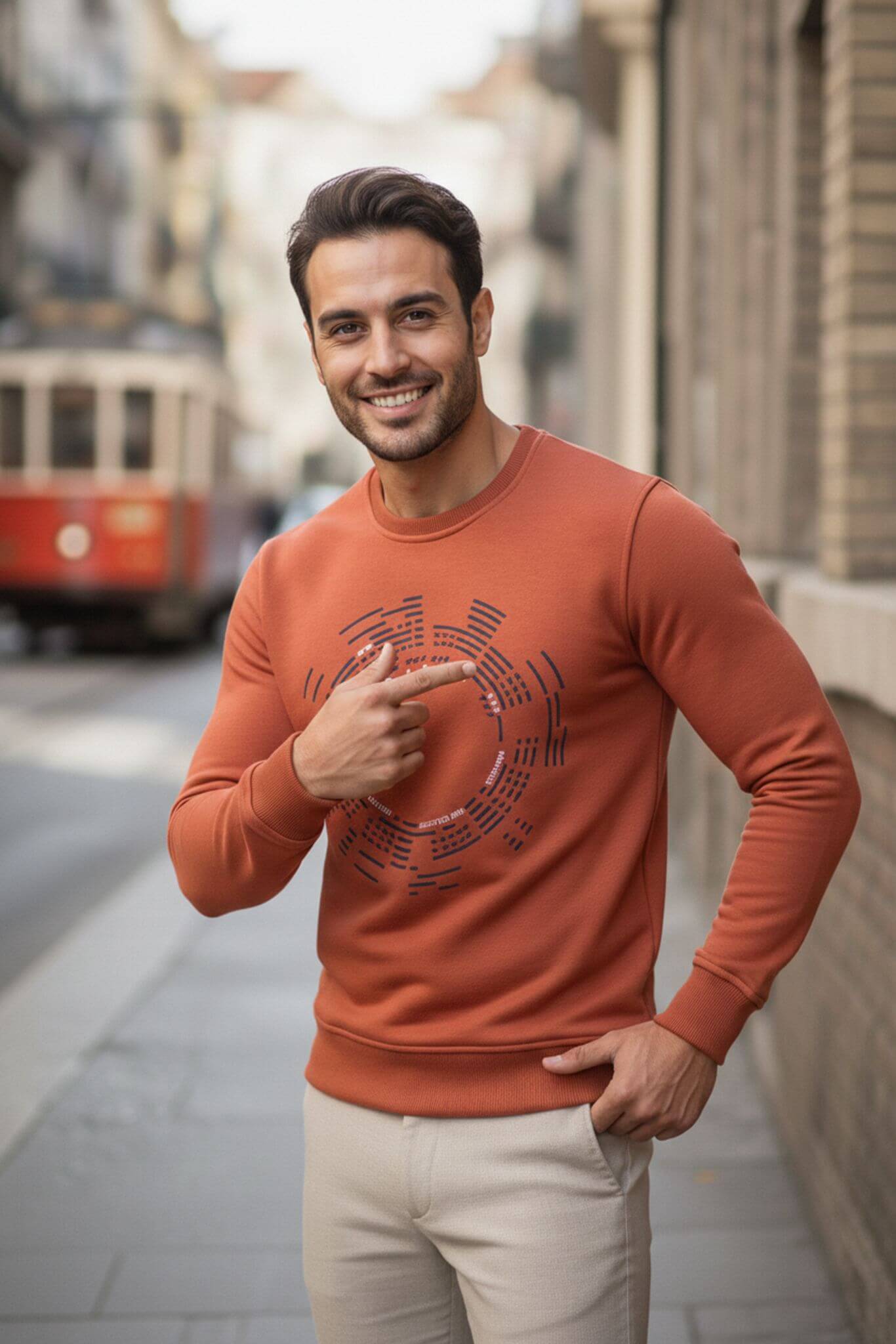 Men's Rust Patterned Cotton Crew Neck Sweatshirt - SUITHARBOR