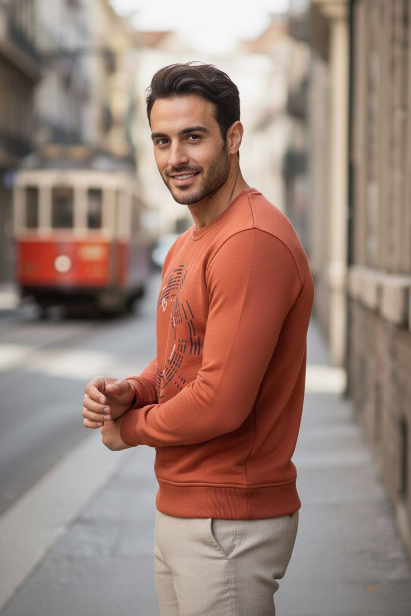 Men's Rust Patterned Cotton Crew Neck Sweatshirt - SUITHARBOR