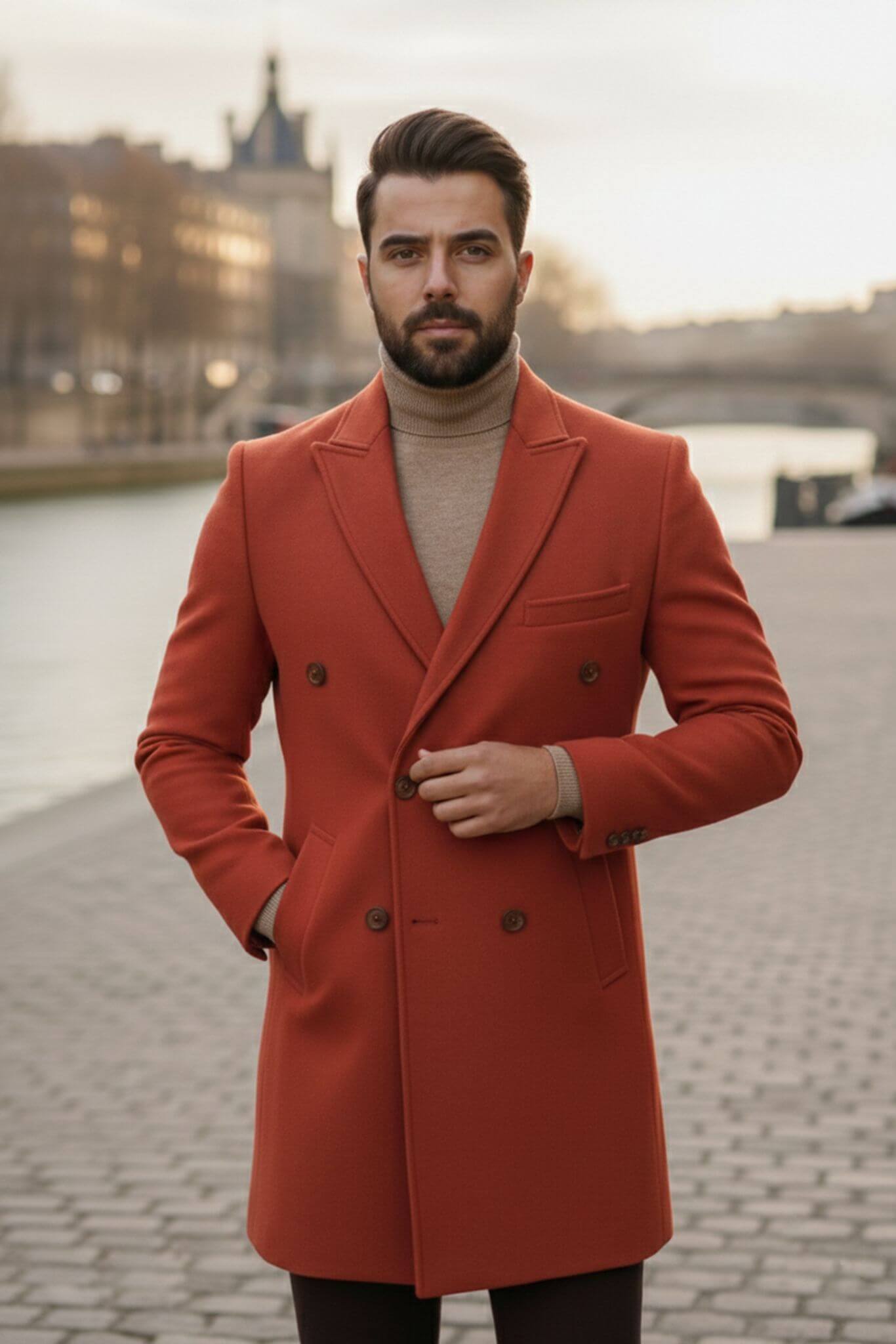 Men's Rust Wool Double - Breasted Overcoat | Slim Fit - SUITHARBOR