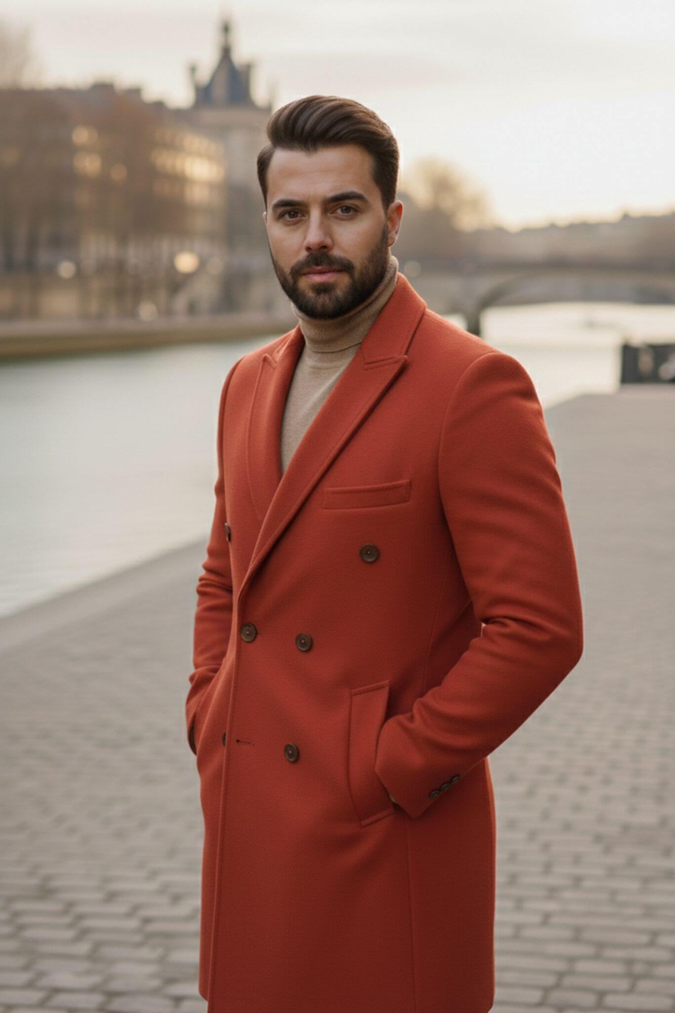 Men's Rust Wool Double - Breasted Overcoat | Slim Fit - SUITHARBOR