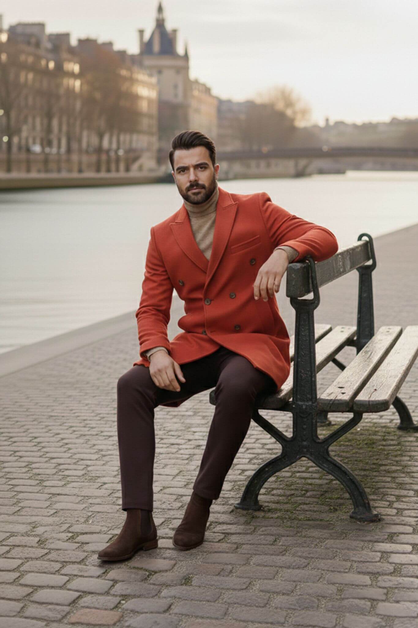 Men's Rust Wool Double - Breasted Overcoat | Slim Fit - SUITHARBOR