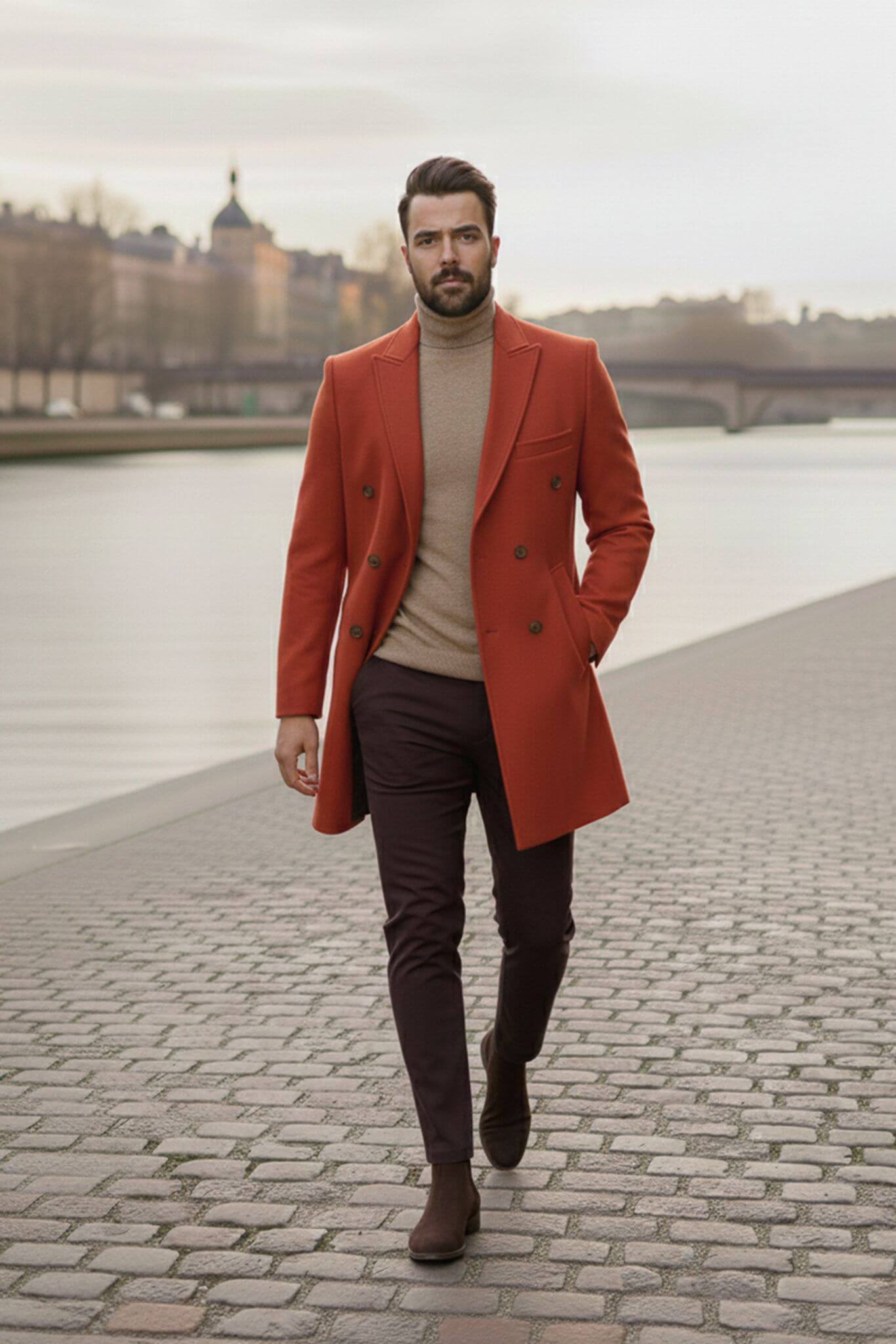 Men's Rust Wool Double - Breasted Overcoat | Slim Fit - SUITHARBOR