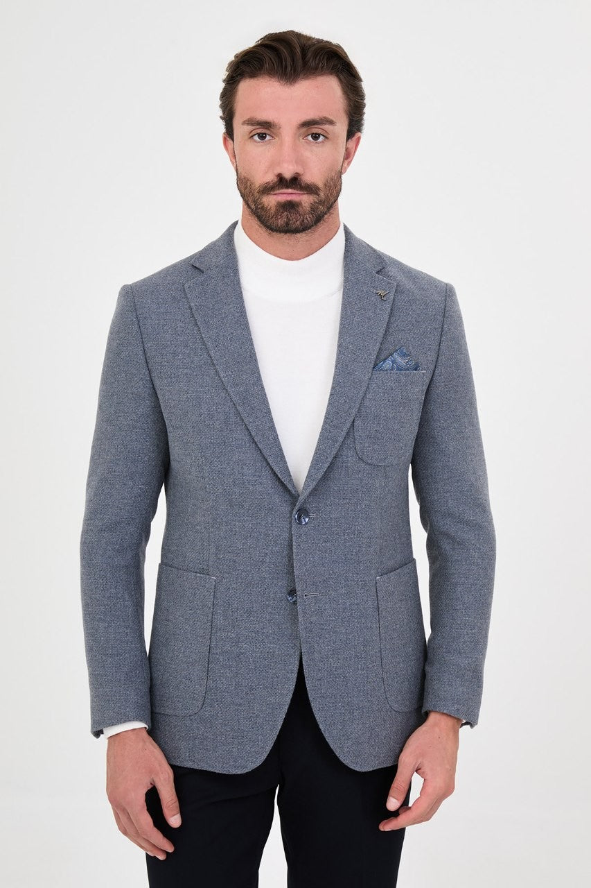 Men’s slate blue single-breasted blazer, alternate front view