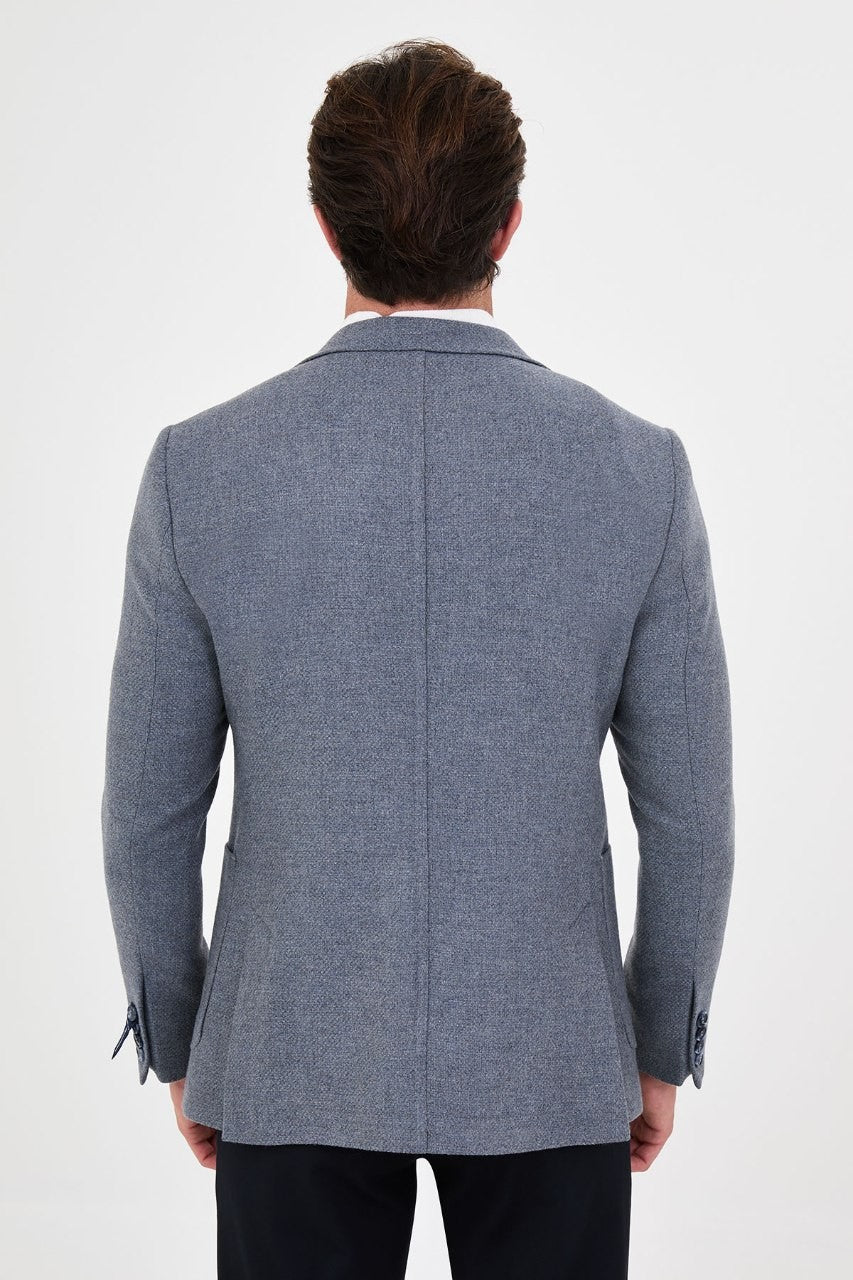 Back view of men’s slate blue blazer