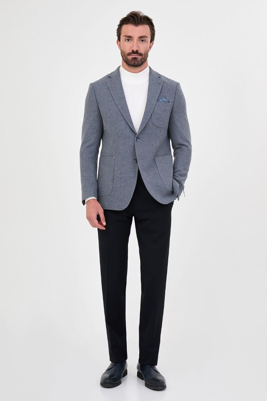 Men’s slate blue blazer, full-length outfit view