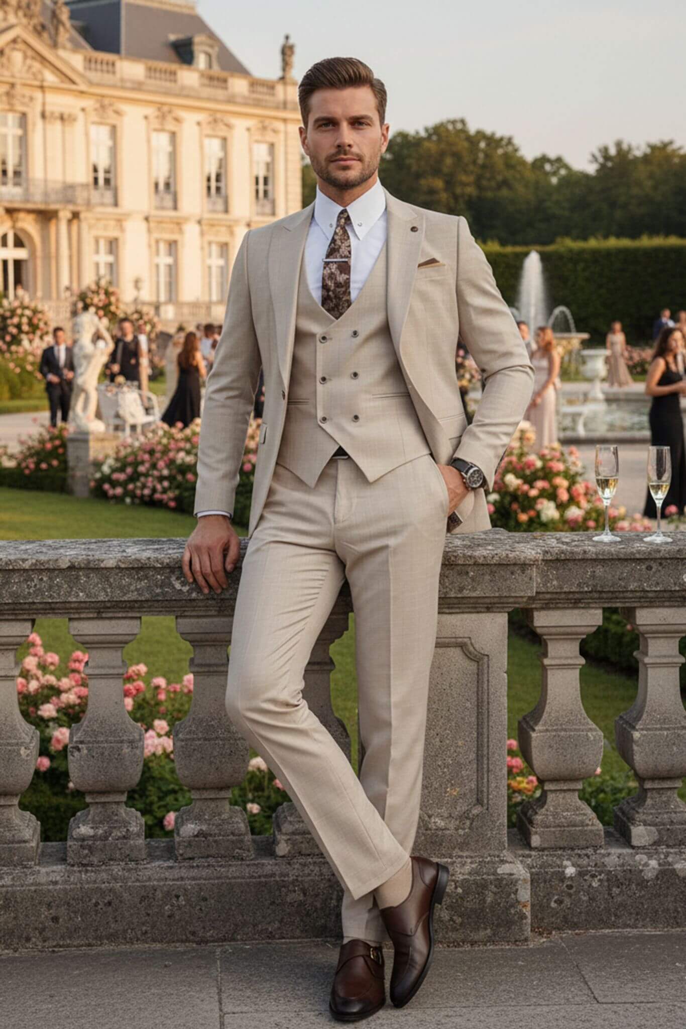Men’s Slim - Fit Beige 3 - Piece Wool Wedding Suit - SUITHARBOR