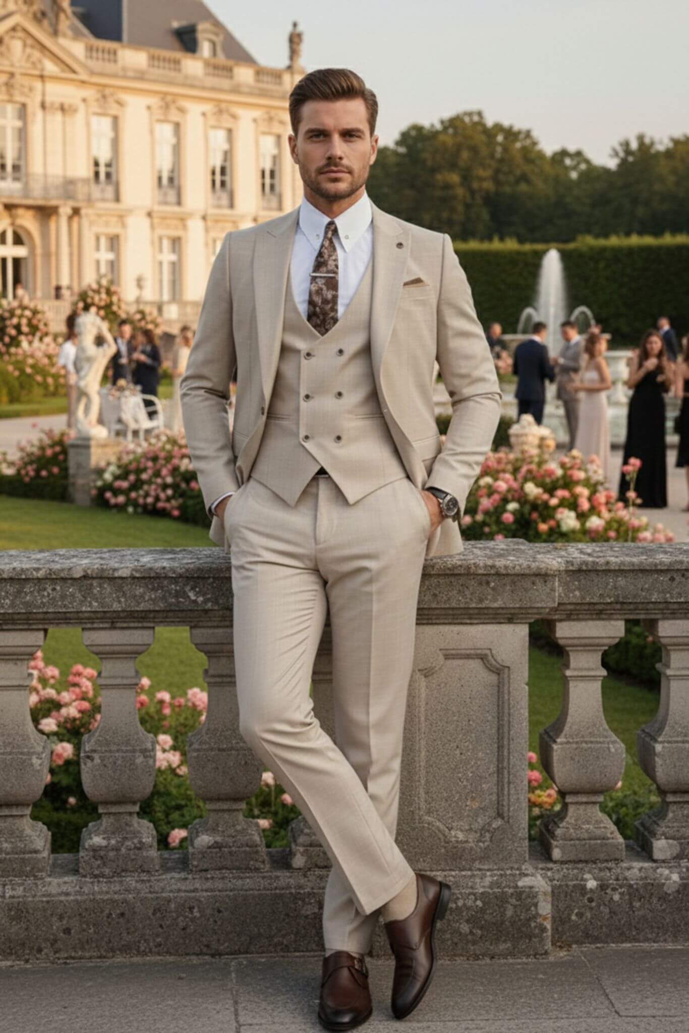 Men’s Slim - Fit Beige 3 - Piece Wool Wedding Suit - SUITHARBOR