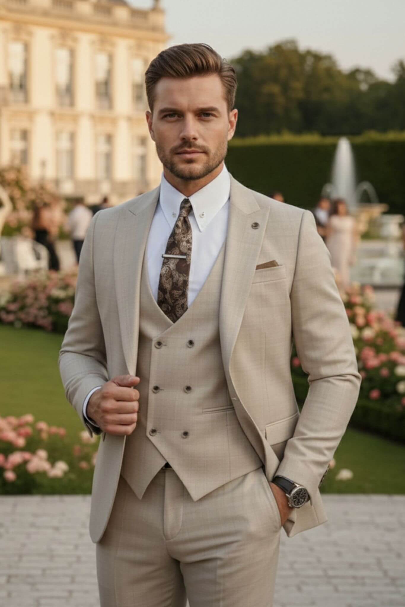 Men’s Slim - Fit Beige 3 - Piece Wool Wedding Suit - SUITHARBOR