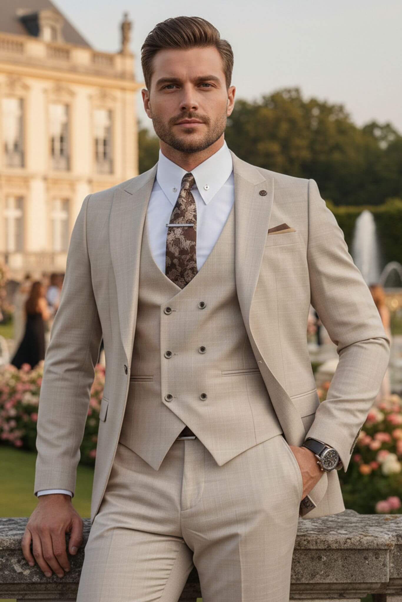 Men’s Slim - Fit Beige 3 - Piece Wool Wedding Suit - SUITHARBOR