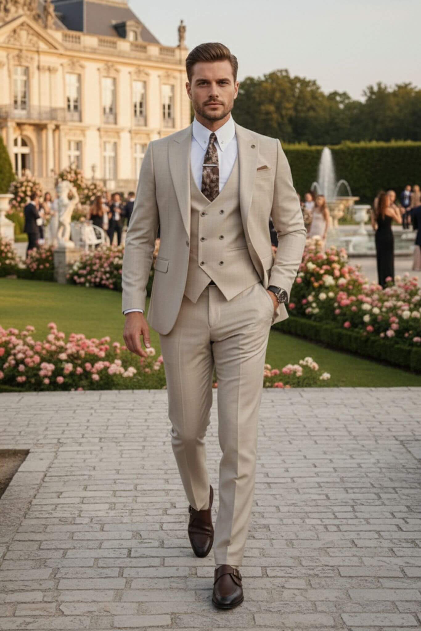 Men’s Slim - Fit Beige 3 - Piece Wool Wedding Suit - SUITHARBOR