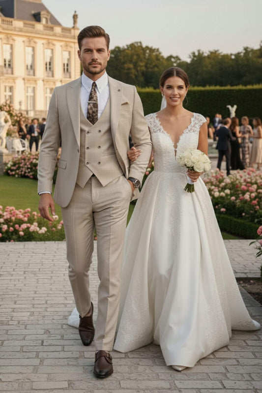 Men’s Slim - Fit Beige 3 - Piece Wool Wedding Suit - SUITHARBOR