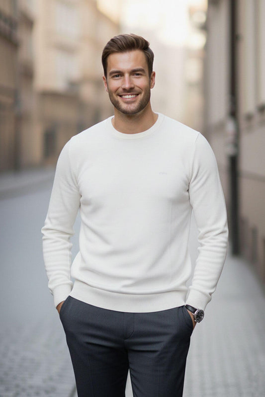 Men's Slim - fit Classic Crew Neck Sweater in White - SUITHARBOR