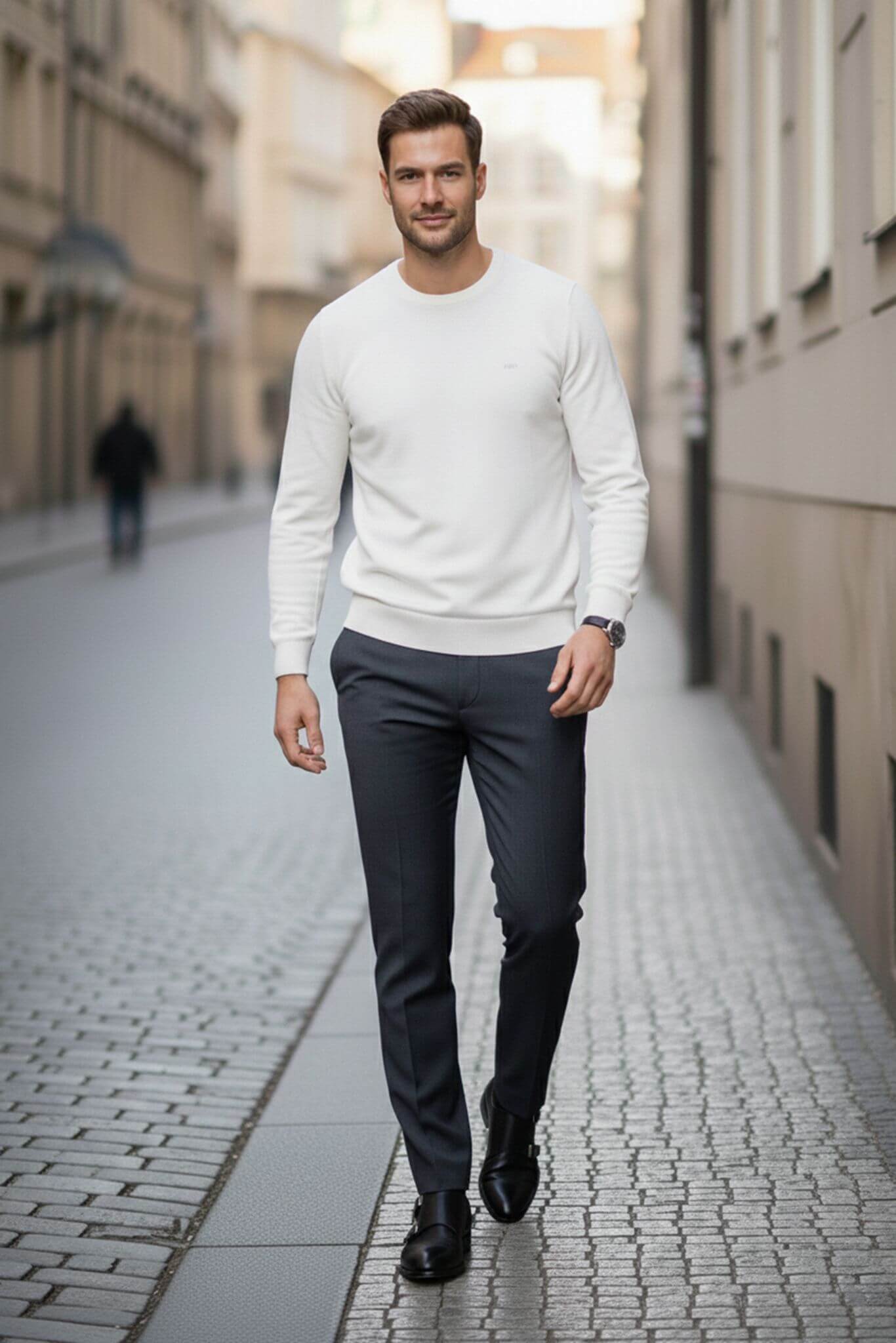 Men's Slim - fit Classic Crew Neck Sweater in White - SUITHARBOR
