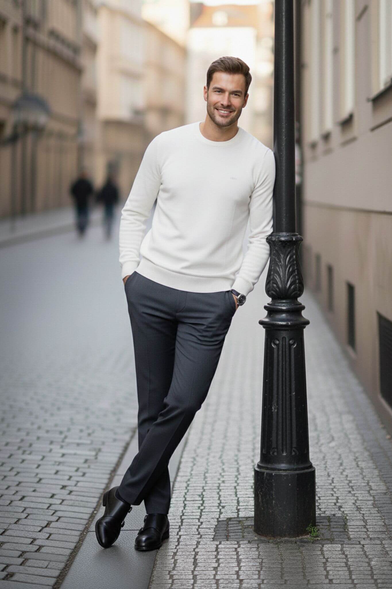 Men's Slim - fit Classic Crew Neck Sweater in White - SUITHARBOR
