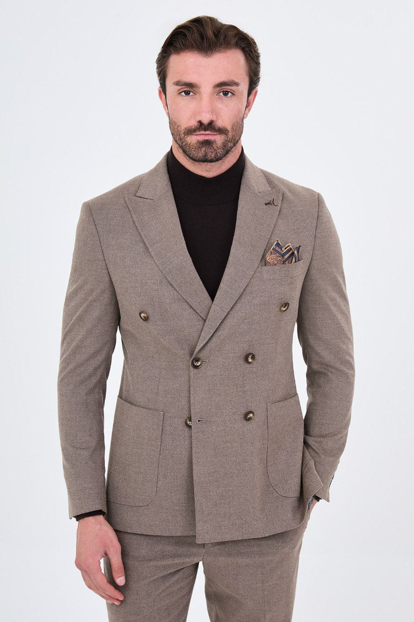 Men's taupe double-breasted two-piece suit front view