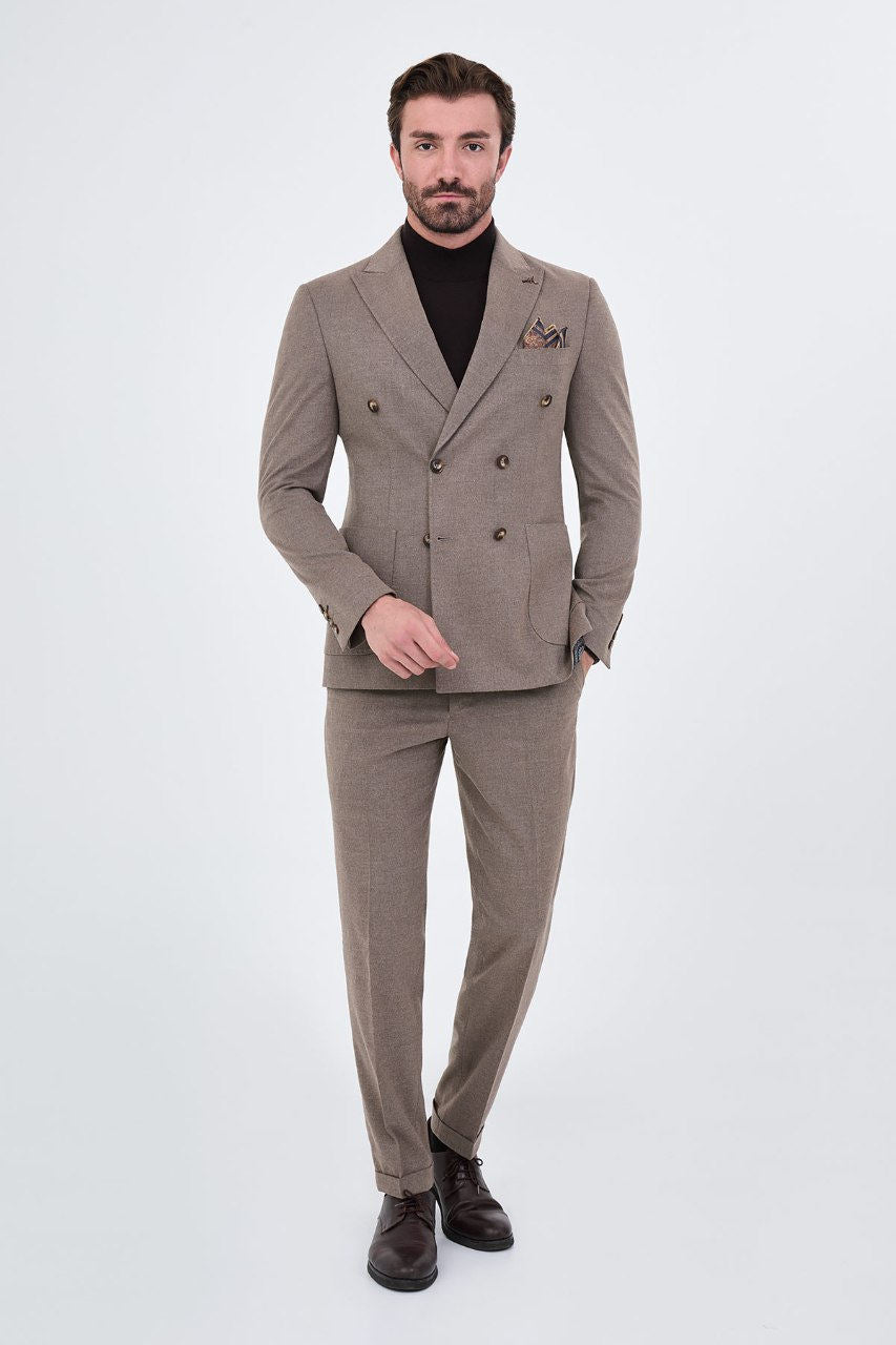 Men's taupe double-breasted two-piece suit full-length look