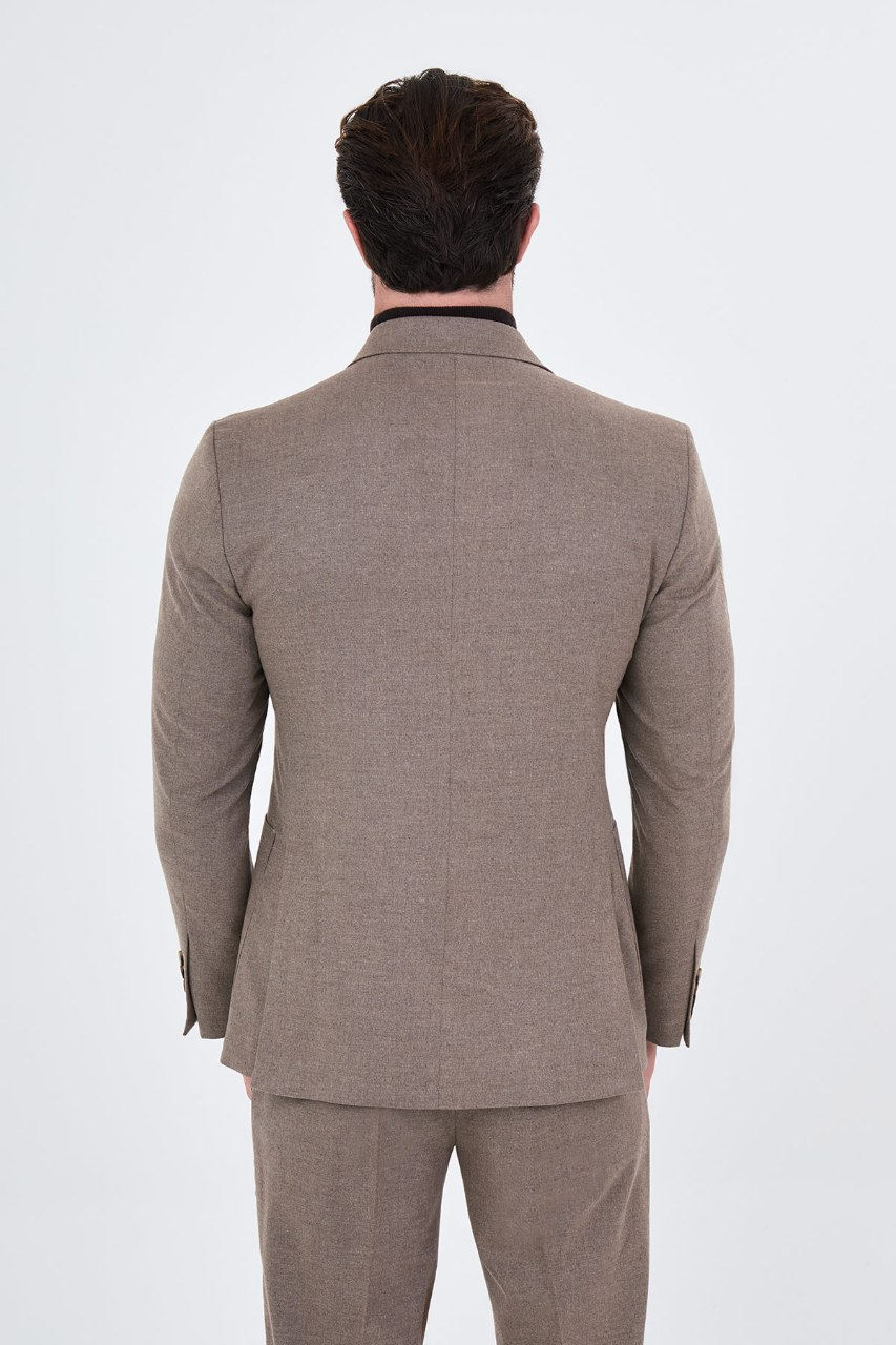 Men's taupe double-breasted two-piece suit rear view