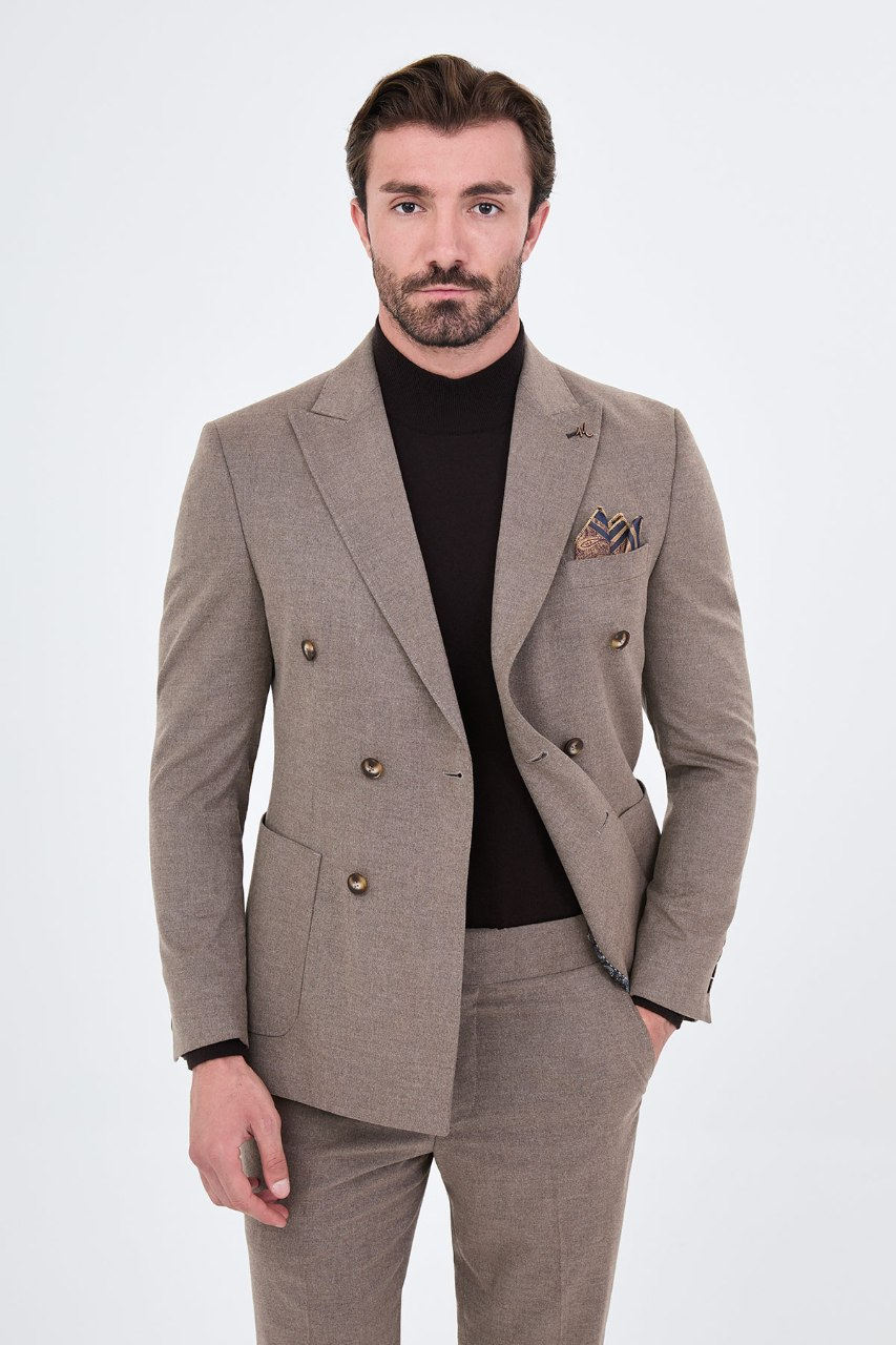 Men's taupe double-breasted two-piece suit additional detail
