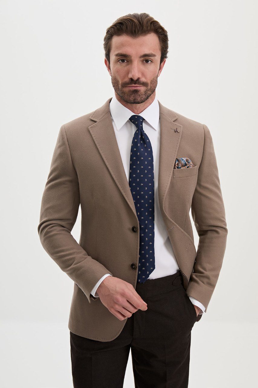 Men's taupe wool-blend blazer, front close view