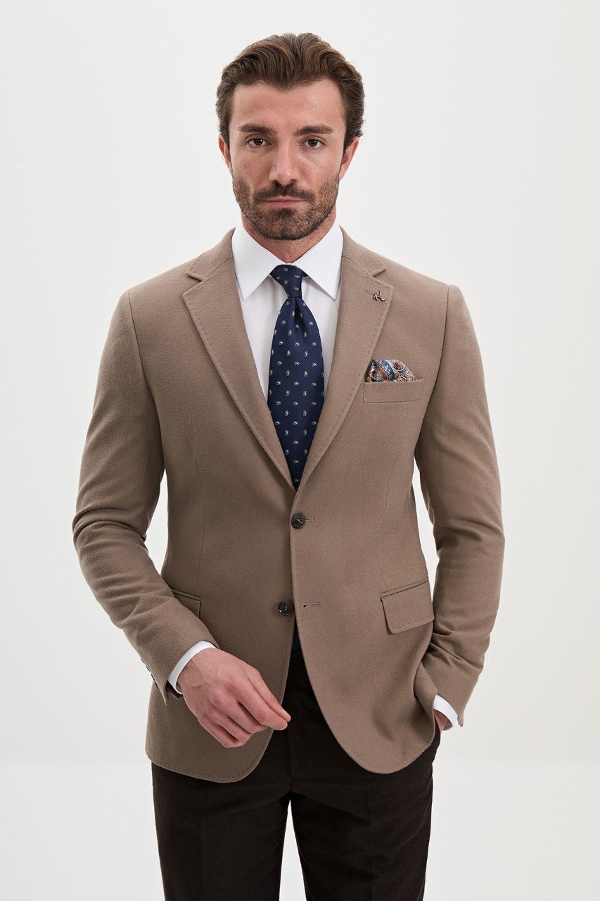 Men's taupe wool-blend blazer, front view