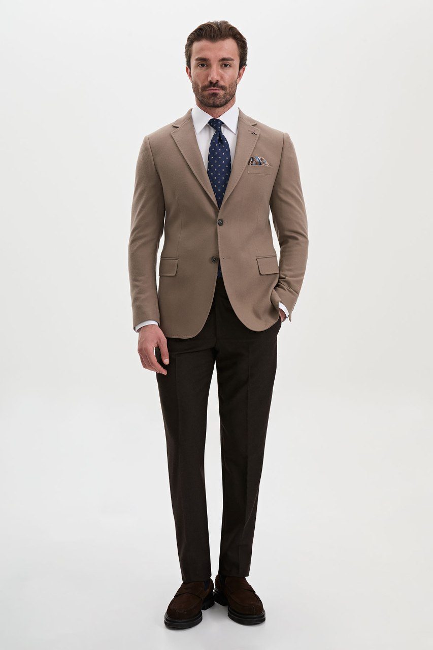 Men's taupe wool-blend blazer, full length view