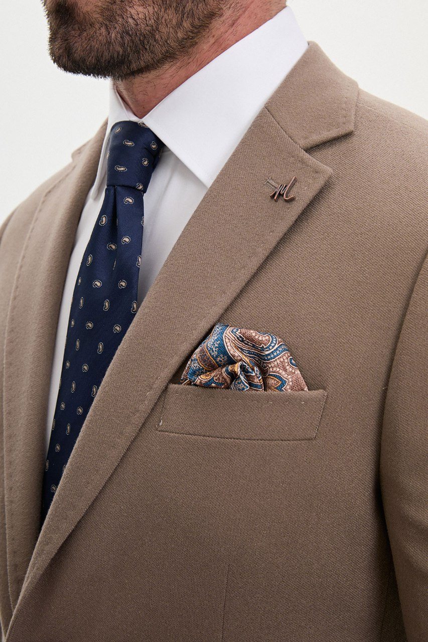 Men's taupe wool-blend blazer, lapel detail view