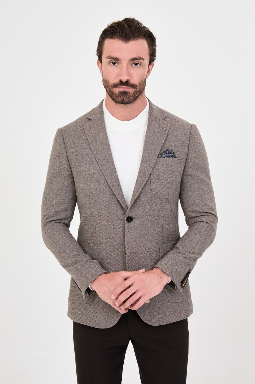 Men’s taupe single-breasted blazer, alternate front view
