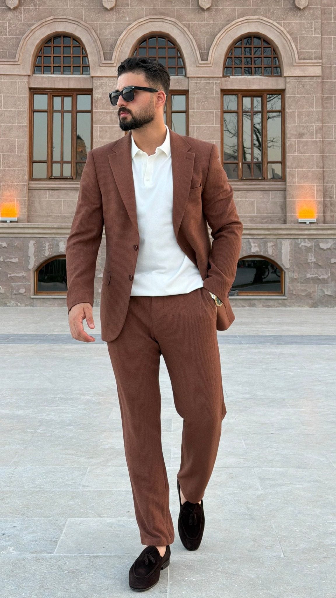 Men's Tile textured single-breasted two-piece suit, full-length view