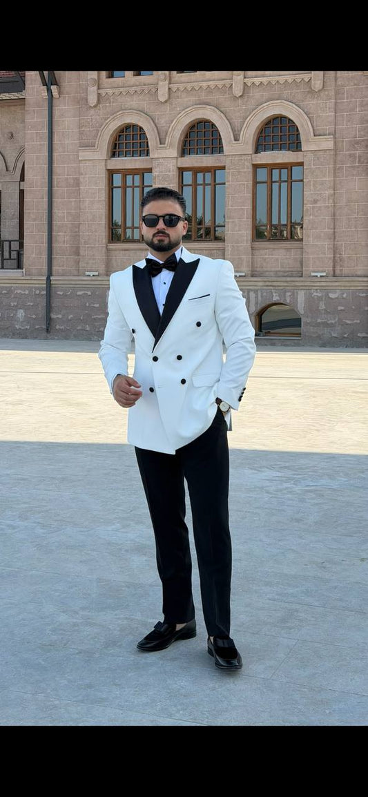 Men's white and black double-breasted peak lapel tuxedo front view