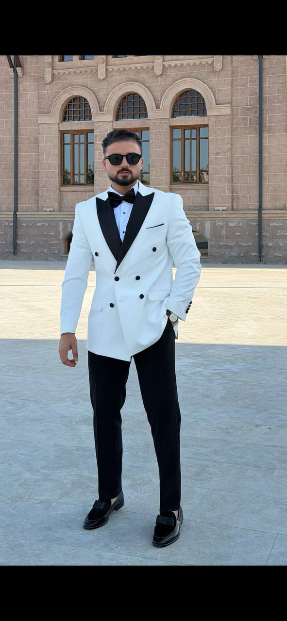 Men's white double-breasted tuxedo with black trousers full outfit