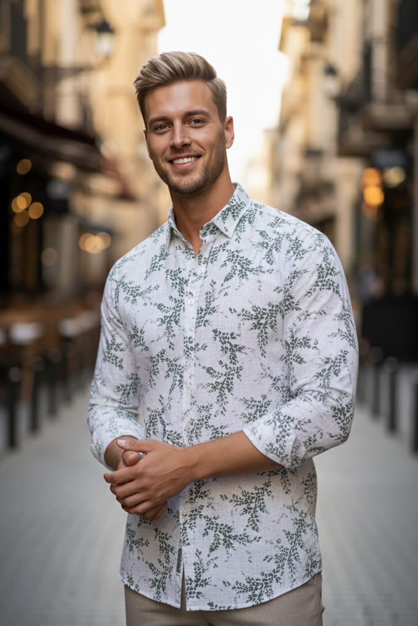 Men's White Botanical Print Cotton Shirt - SUITHARBOR