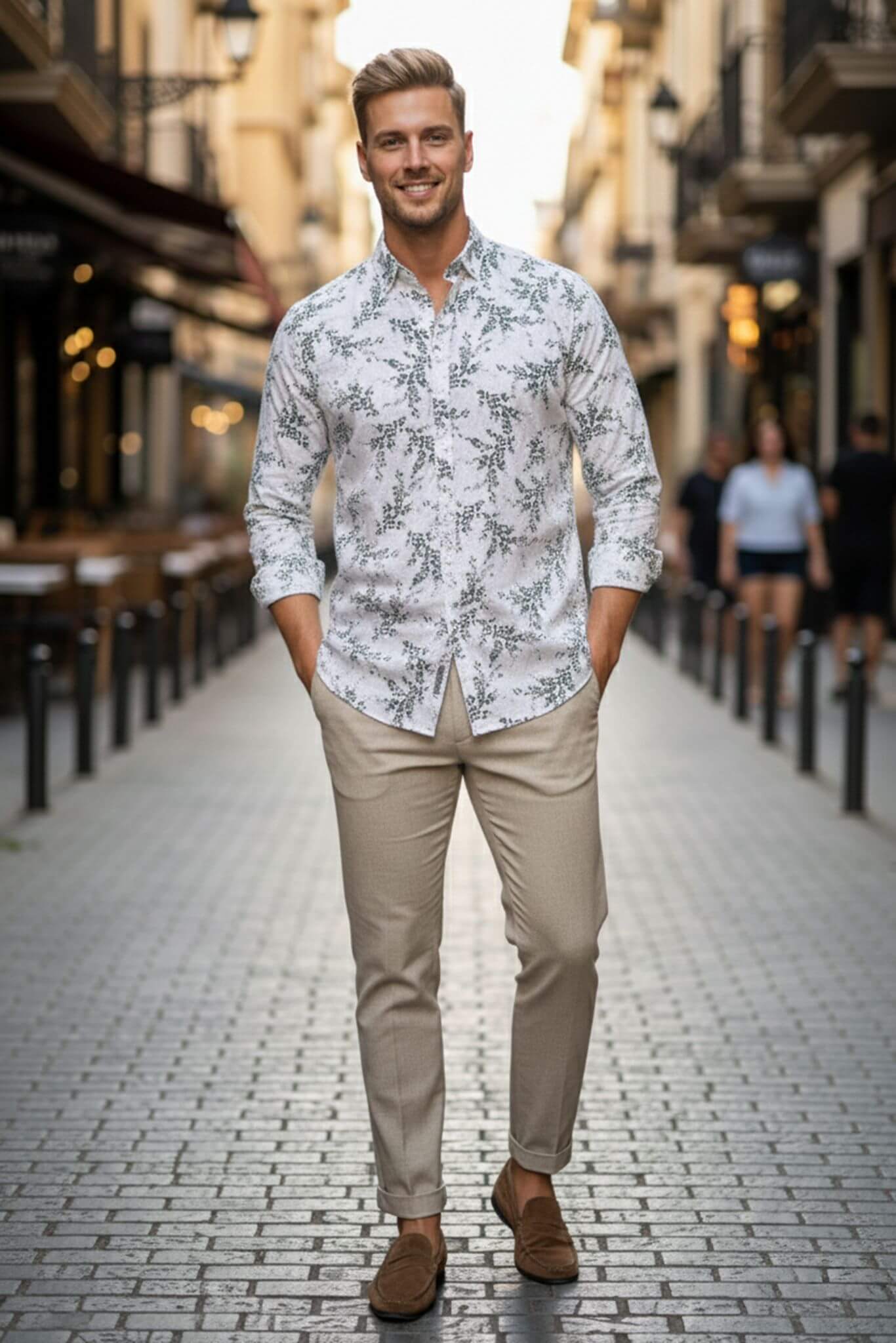 Men's White Botanical Print Cotton Shirt - SUITHARBOR