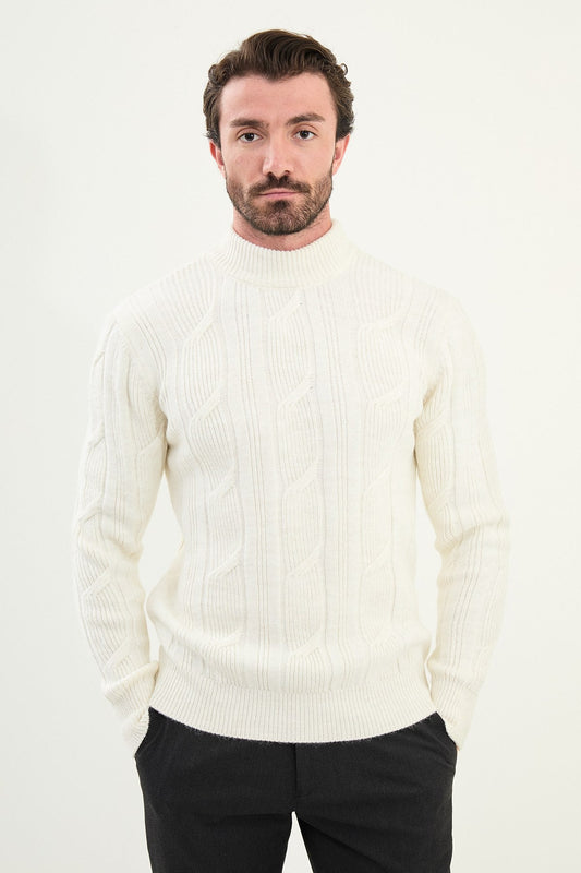 Men’s White Cable Knit Slim Fit Sweater - SUITHARBOR