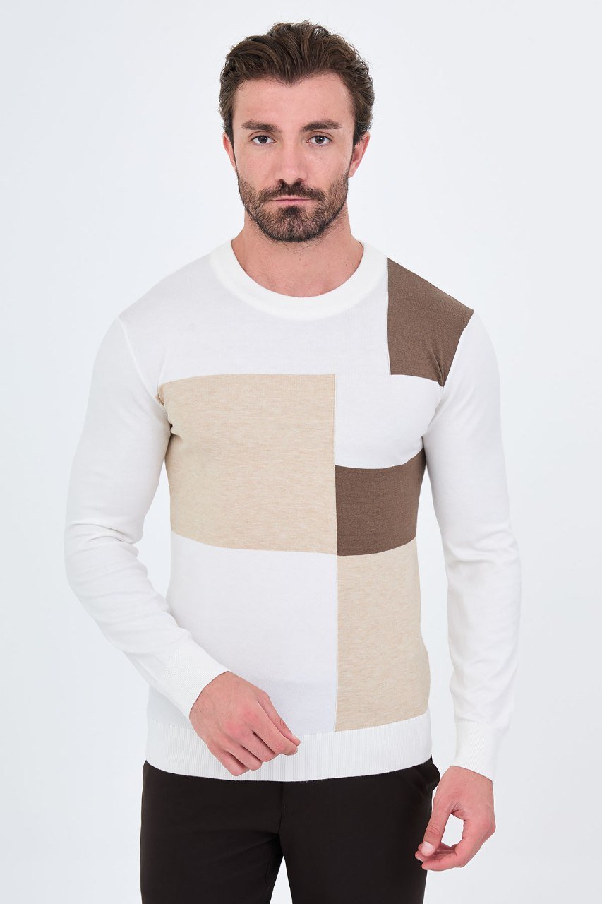Front view of a man wearing a white colour-block crew neck sweater