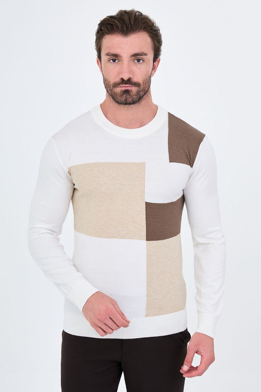 Front view of a man wearing a white colour-block crew neck sweater