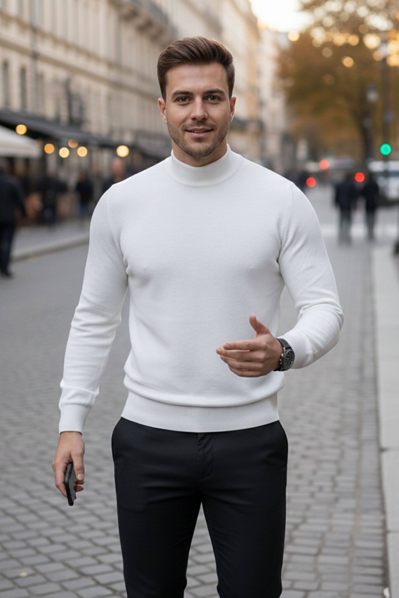 Men's White Cotton Blend Mock Neck Sweater - SUITHARBOR