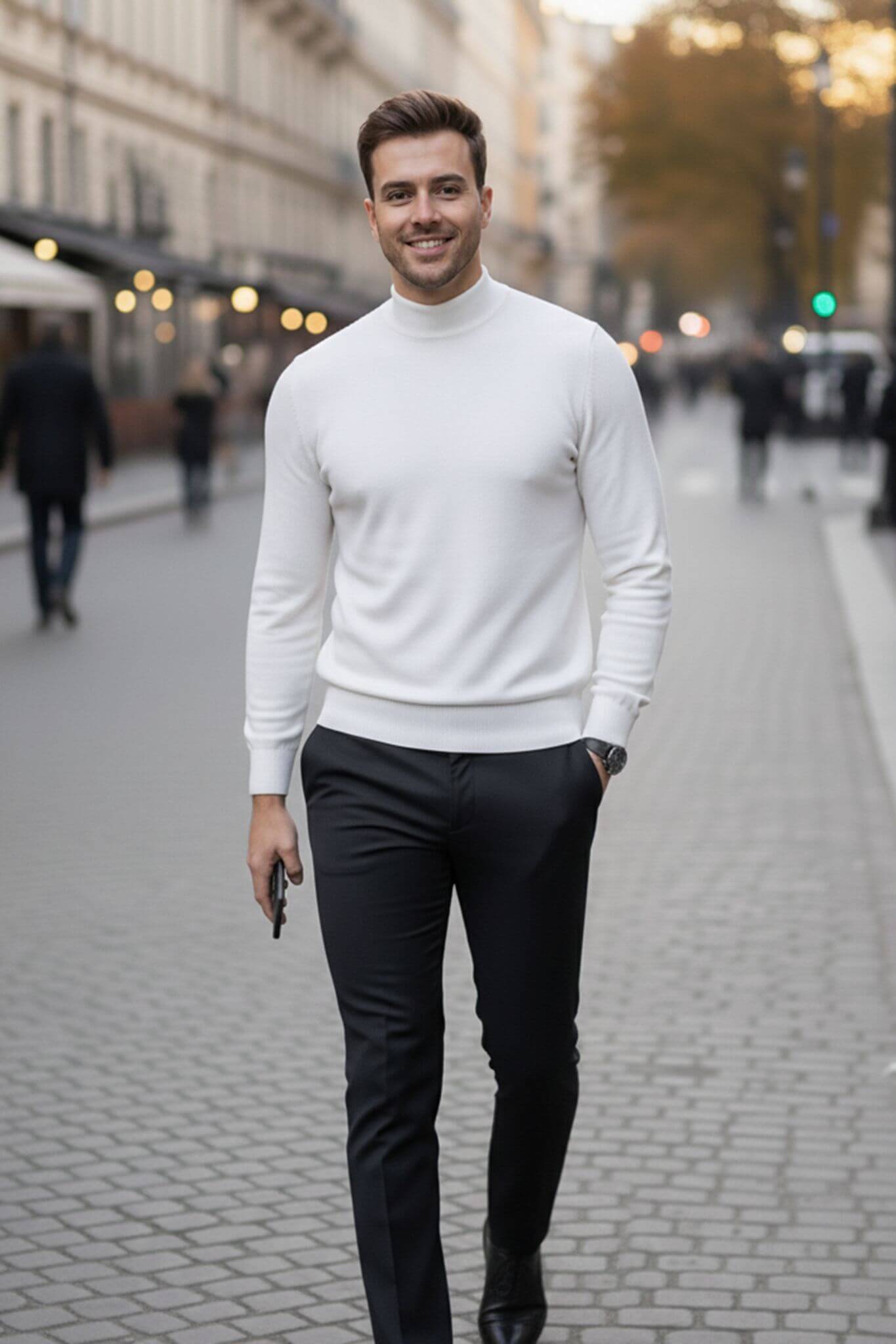 Men's White Cotton Blend Mock Neck Sweater - SUITHARBOR