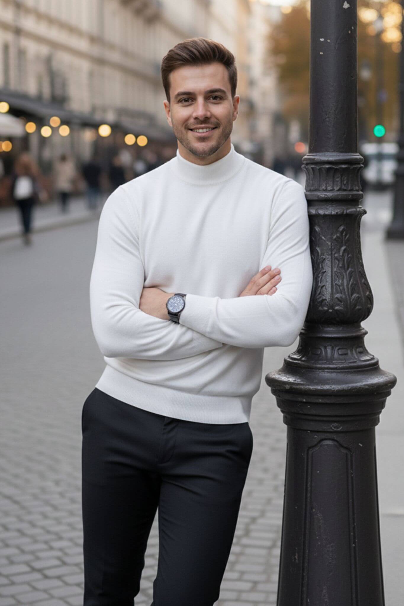 Men's White Cotton Blend Mock Neck Sweater - SUITHARBOR