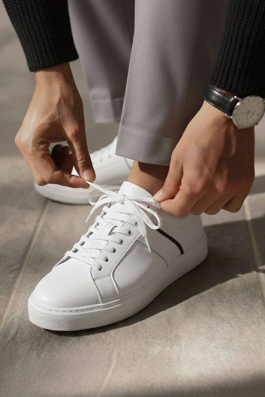 Men's White Leather Calfskin Sneakers | Smart Casual - SUITHARBOR