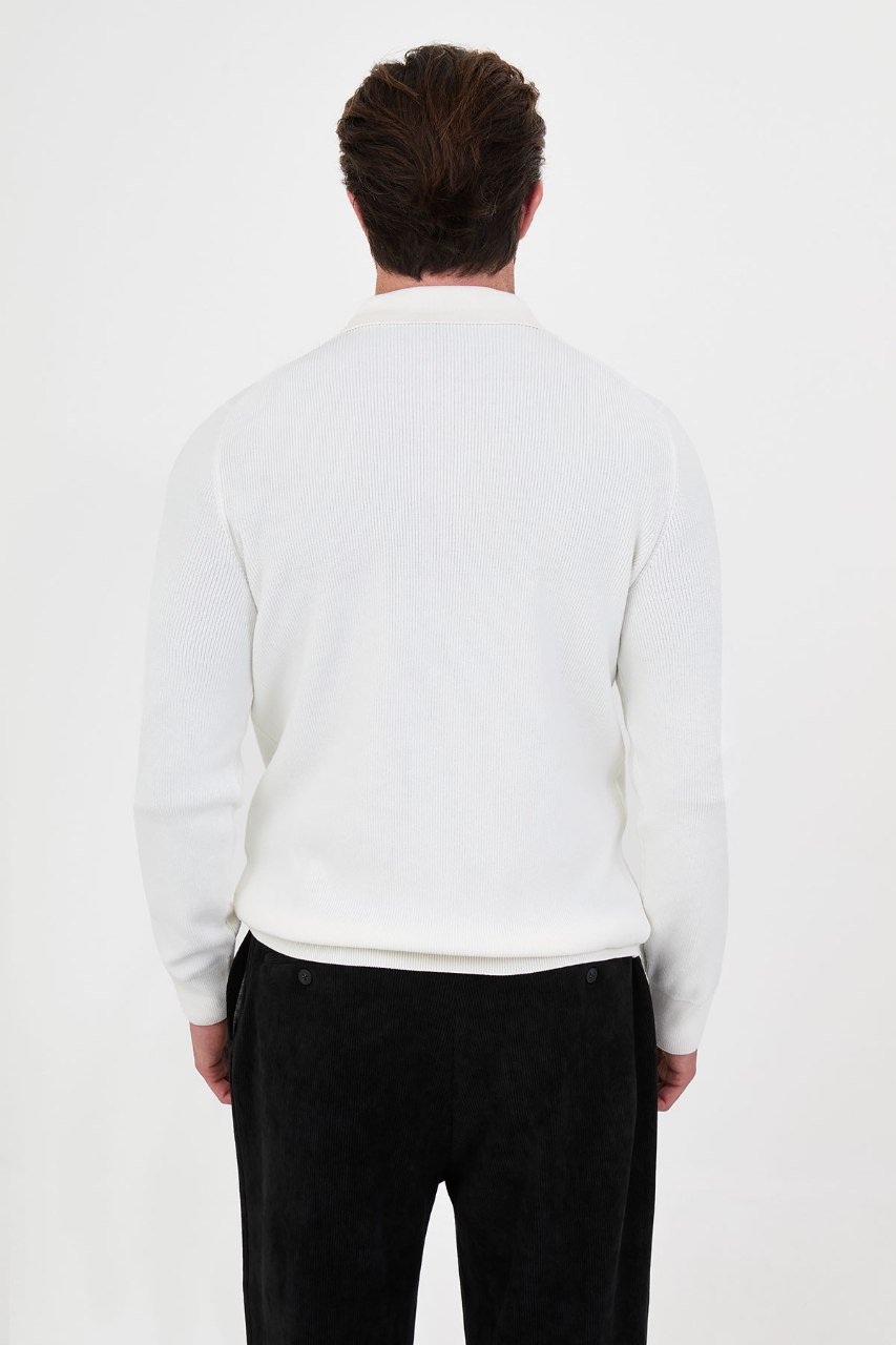 Back view of the men's white ribbed quarter-zip polo sweater
