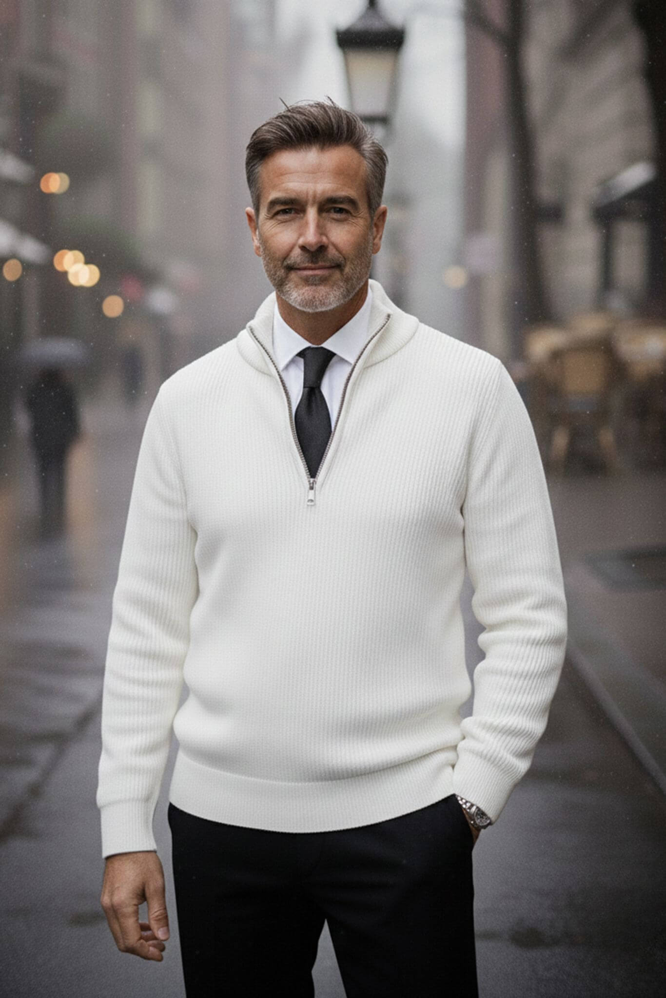 Men's White Ribbed Quarter - Zip Sweater - SUITHARBOR