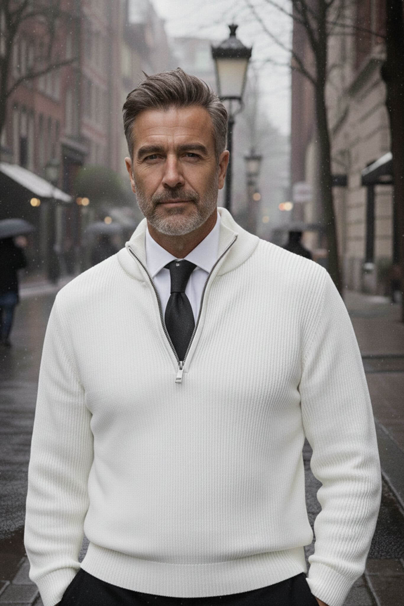 Men's White Ribbed Quarter - Zip Sweater - SUITHARBOR