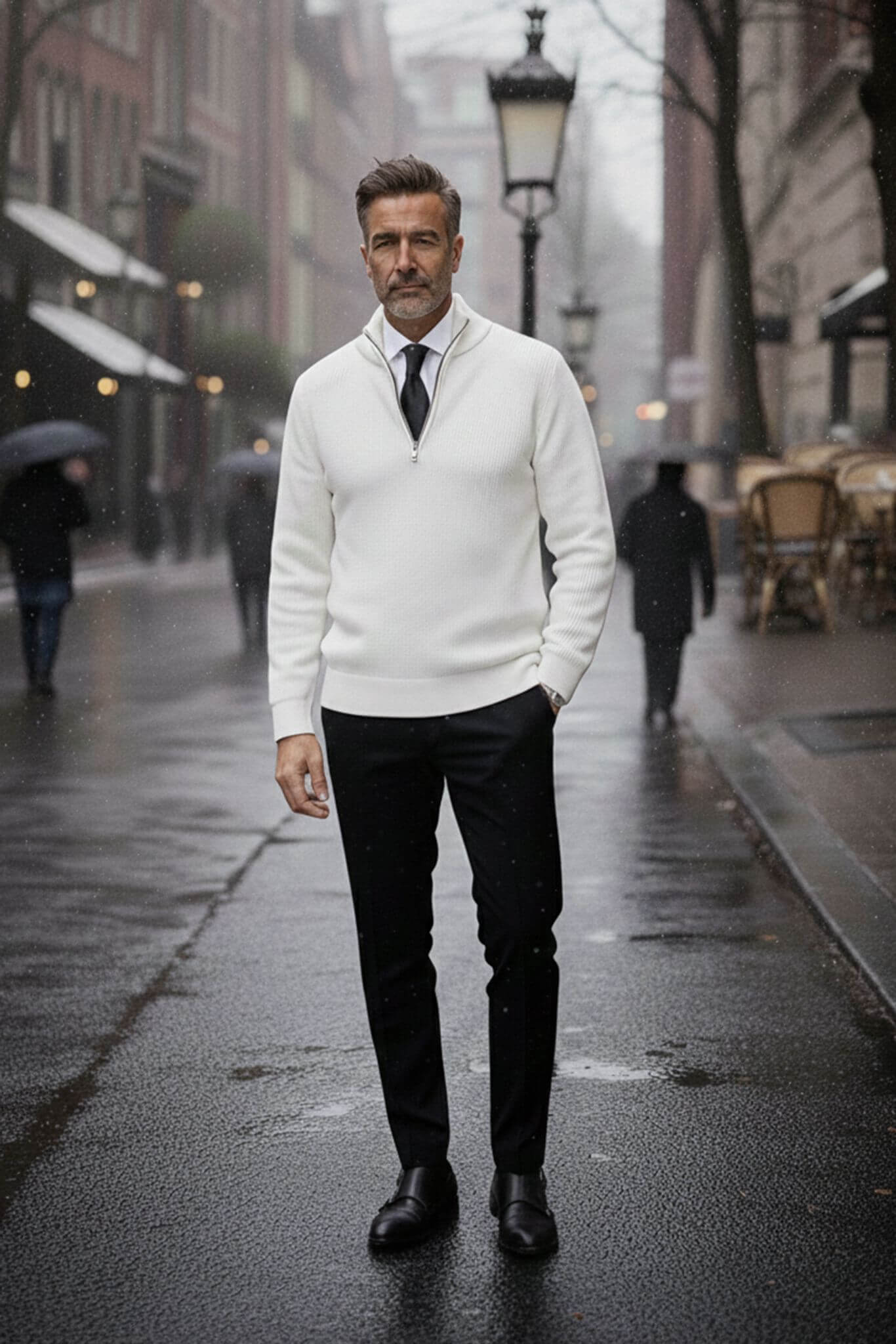 Men's White Ribbed Quarter - Zip Sweater - SUITHARBOR