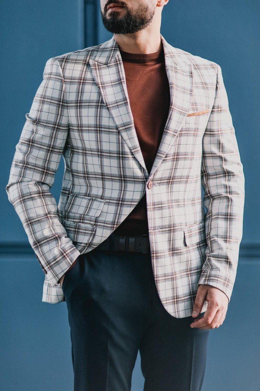 Men’s White Slim Fit Plaid Mono - Collar Jacket - SUITHARBOR
