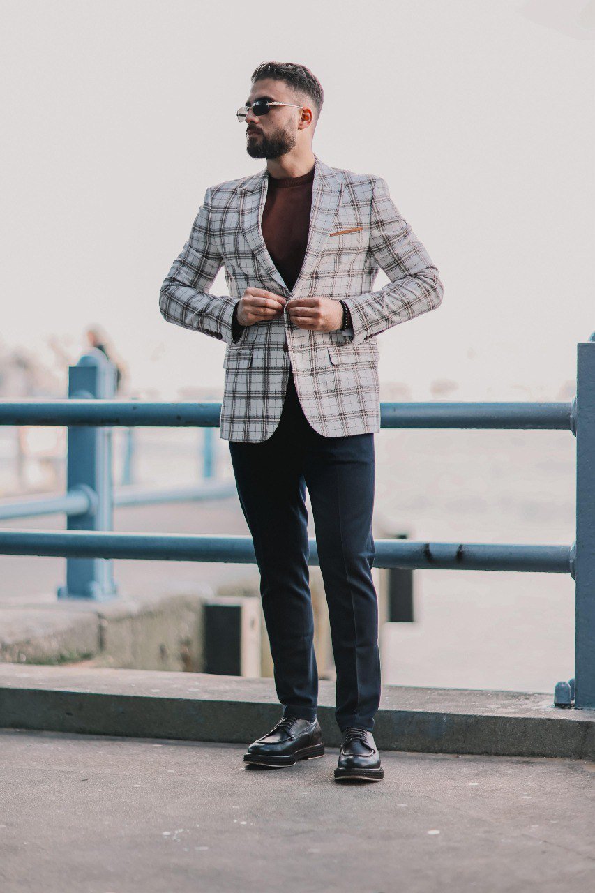 Men’s White Slim Fit Plaid Mono - Collar Jacket - SUITHARBOR