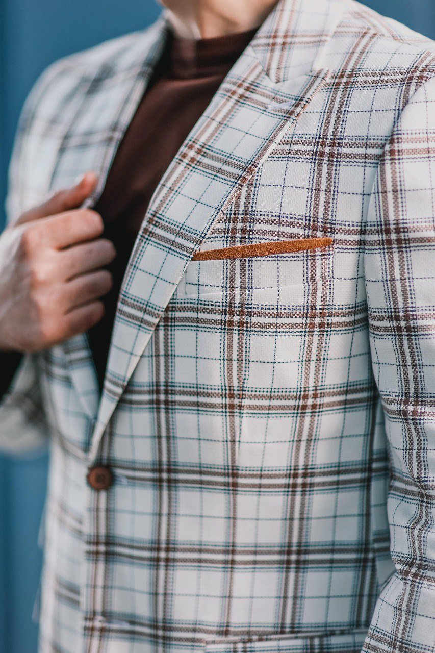 Men’s White Slim Fit Plaid Mono - Collar Jacket - SUITHARBOR