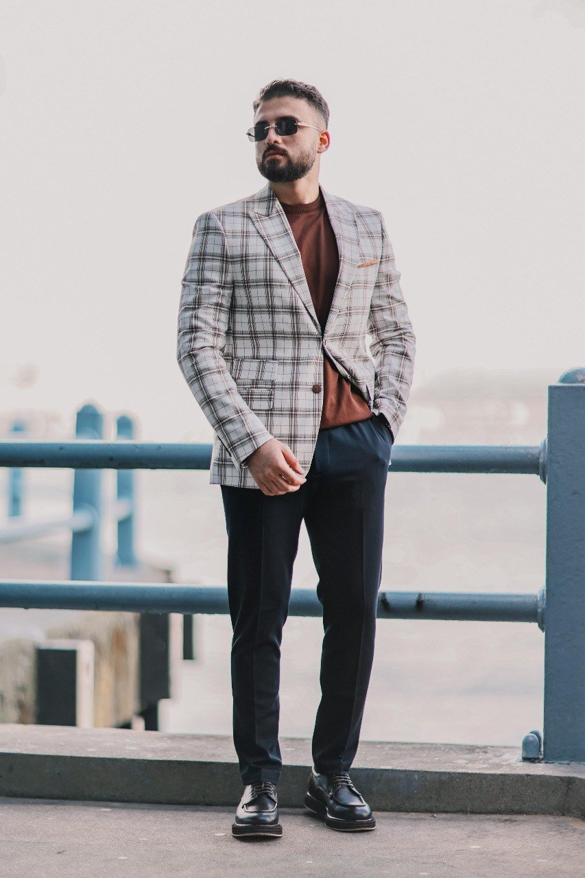 Men’s White Slim Fit Plaid Mono - Collar Jacket - SUITHARBOR