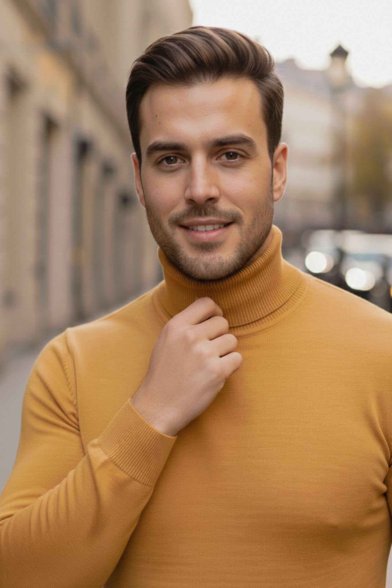 Men's Yellow Cotton Blend Turtleneck Sweater - SUITHARBOR