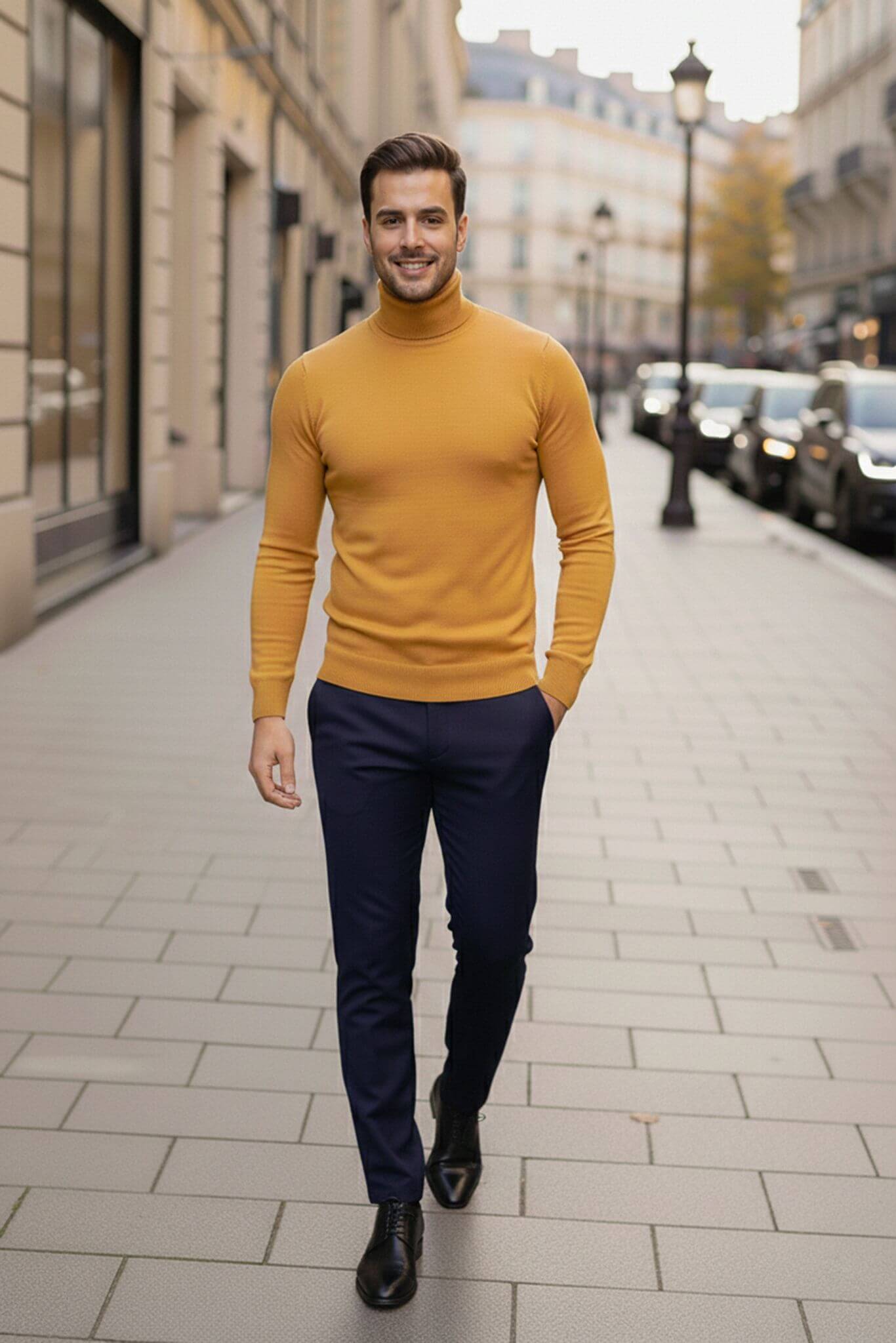 Men's Yellow Cotton Blend Turtleneck Sweater - SUITHARBOR